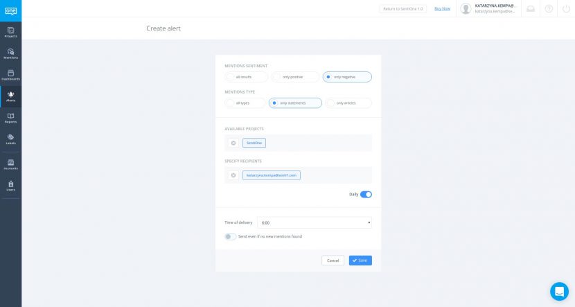 Create social media alert in SentiOne solution