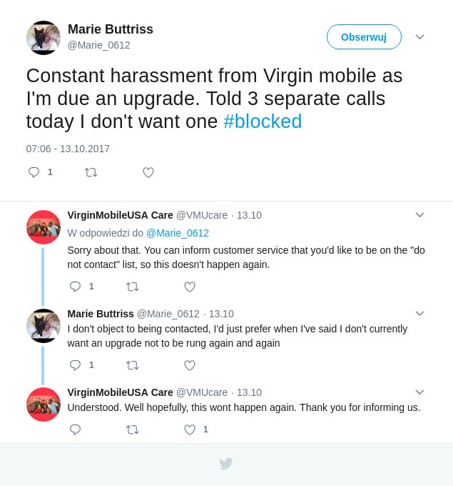 Social customer support Virgin Mobile negative feedback example