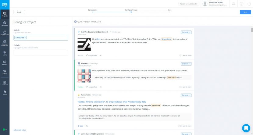 Skonfiguruj projekt monitorowania marki w mediach spełecznościowych w narzędziu SentiOne