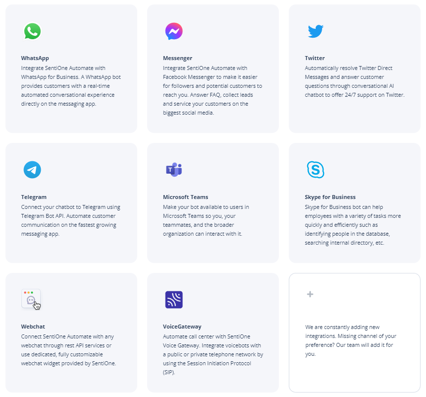 SentiOne Automate: Available chatbot integrations